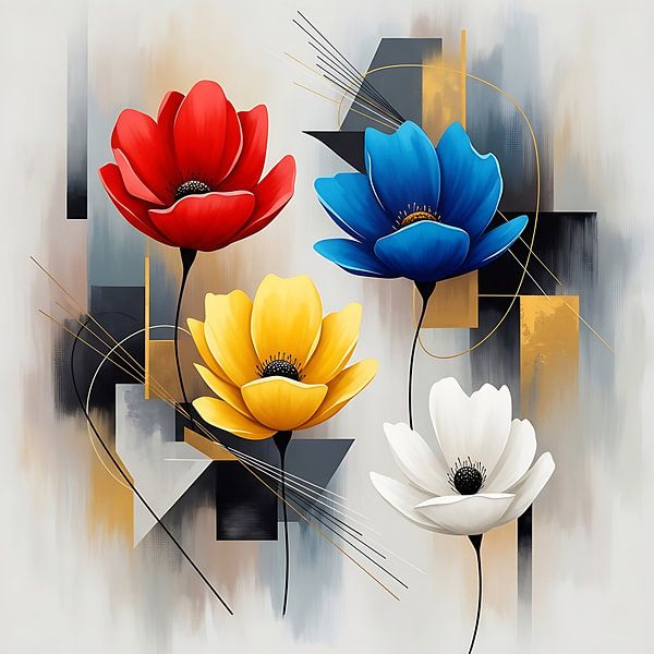 Abstract Red Blue Yellow White Flowers with Geometric Background by Agnieszka Dybowska