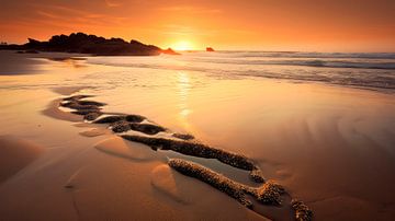 Ruhiger Strand mit untergehender Sonne von Maarten Knops