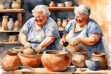 2 dames sociables rient pendant la poterie sur De gezellige Dames