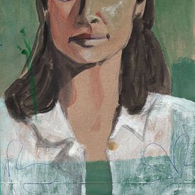 Portrait woman with green background on cardboard by Renske