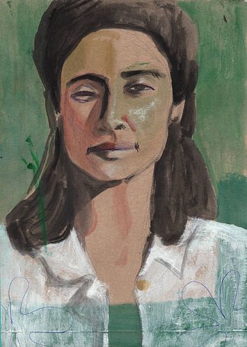 Portret vrouw met groene achtergrond op karton van Renske