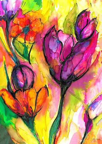 Le printemps, le temps des tulipes en Hollande !  (Aquarelle peinte à la main) ) )