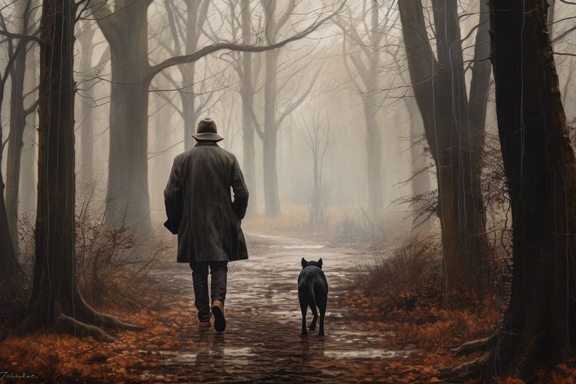 Homme de la forêt avec chien en automne par Ellen Reografie
