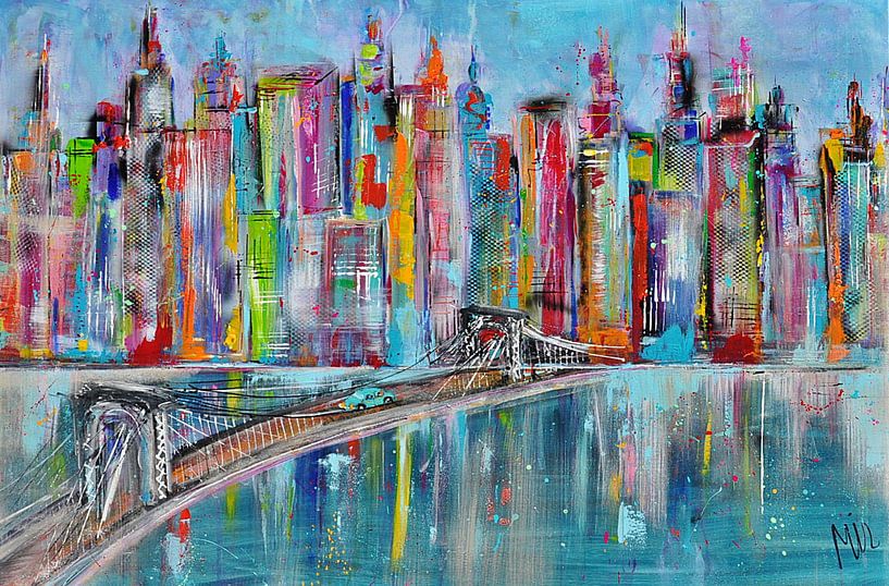 Skyline bleu clair avec pont paysage urbain par Kunstenares Mir Mirthe Kolkman van der Klip