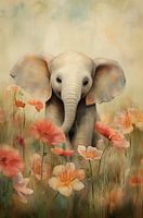 Baby elephant in a field of flowers