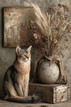 Kat en Droogbloemen - Romantisch Vintage Stilleven van Joriali fotografie en schilderijen