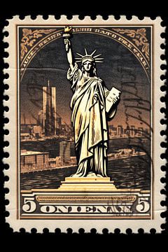 Authentique timbre d'époque avec l'emblématique Statue de la Liberté de New York sur Digitale Schilderijen