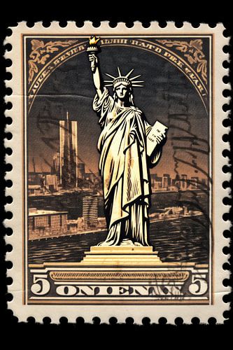 Authentieke Vintage Postzegel met Iconisch Vrijheidsbeeld van New York