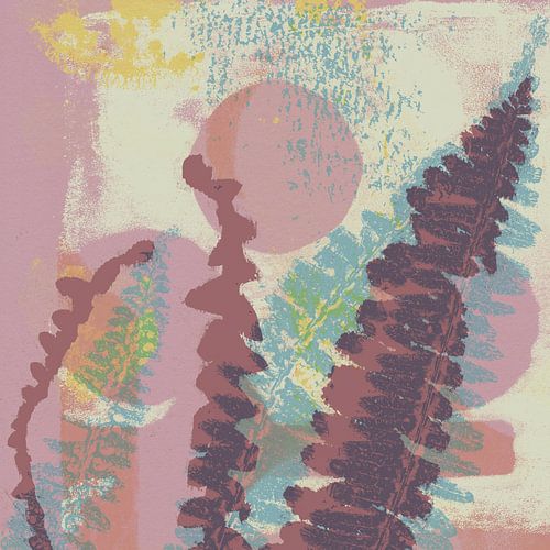 Varens in roze, blauw, geel, wit. Abstract botanisch.