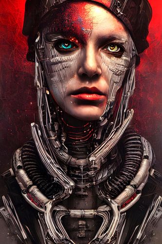 Vrouwelijke robot met rode achtergrond