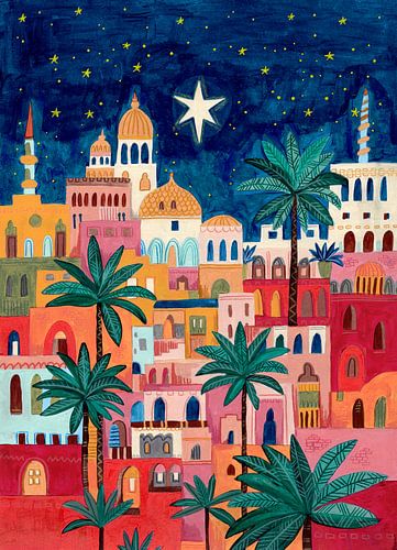 Oriental city under a starry sky in bright colours
