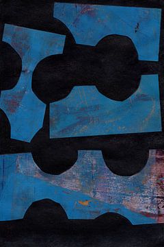 Modern abstract geometric collage in 70s retro style in cobalt blue, rust brown and black. by Dina Dankers