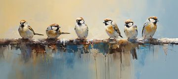 Sparrows on Branch | Bird painting by Blikvanger Schilderijen
