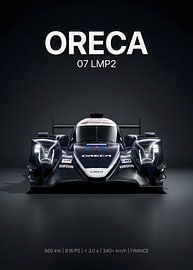 Vooraanzicht van de Oreca 07 LMP2-raceauto tegen een donkere achtergrond van Morgan
