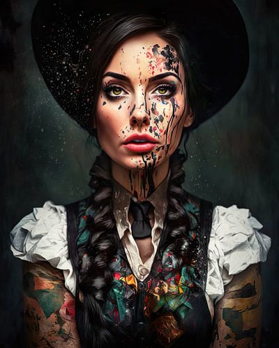 Een interessante vrouw uit het Zwarte Woud met veel tatoeages en kleur. Muurkunst. Digitale muurkunst. Olieverf. Deco muurschildering. Mix van stijlen.