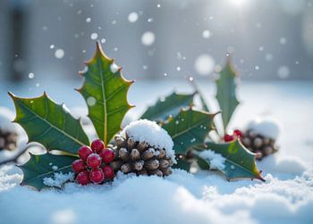 Décoration de Noël avec des feuilles de houx et des baies recouvertes d'une feuille d'érable.