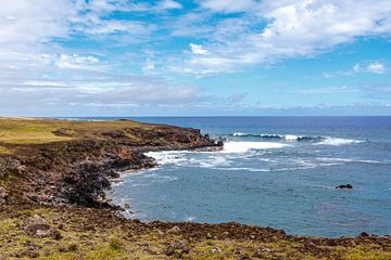 Landscape of Easter Island with green plains surrounded by the Pacific Ocean, Chile, Pacific by WorldWidePhotoWeb