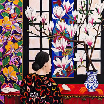 Kleurrijk Schilderij van Vrouw met Magnolia Bloemen