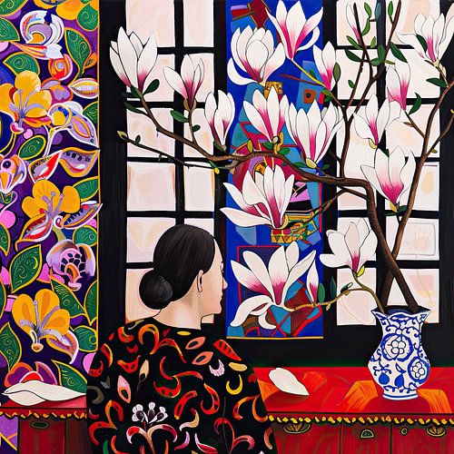 Kleurrijk Schilderij van Vrouw met Magnolia Bloemen