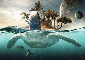 Meeresschildkröte mit ihrer eigenen Insel auf dem Rücken