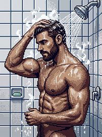 Pixel Art Man Showering by Markus Gann