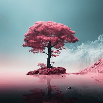 De roze boom aan het meer van Art Lovers