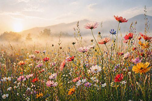 Zonsopgang in de wilde bloemenweide