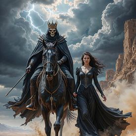 NYXAVOR – The Grim Reaper King crosses the desert with a woman by INFERAURUM