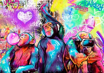 POP ART 3 weise Affen Leinwand Bild Kunst Streetart Berlin von Julieduke