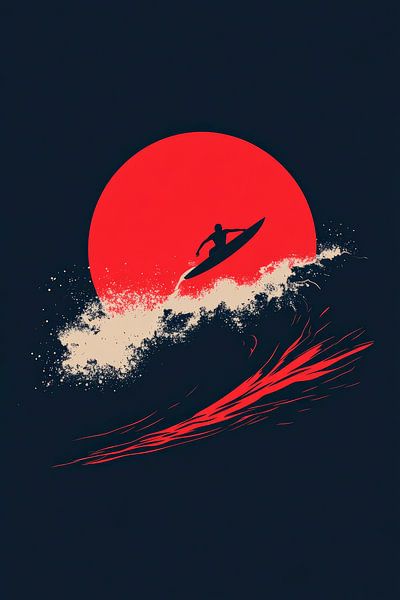 Surfer in wave in front of red sun by Poster Art Shop