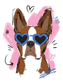 Adorable chien portant des lunettes de soleil en forme de cœur bleu sur un cœur rose – Illustration dessinée à la main
