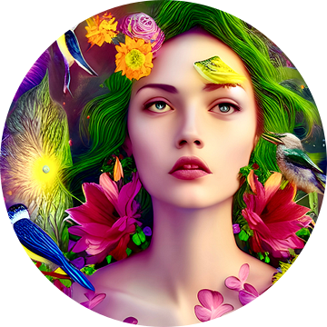 Garden of Eden III - Portret van een vrouw tussen bloemen en vogels - kleurrijke illustratie van Lily van Riemsdijk - Art Prints with Color