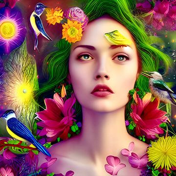 Garden of Eden III - Portret van een vrouw tussen bloemen en vogels - kleurrijke illustratie van Lily van Riemsdijk - Art Prints with Color
