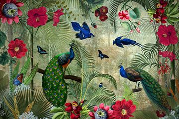 Vintage exotische pauw, blauwe vogels in tropisch paradijs van Floral Abstractions