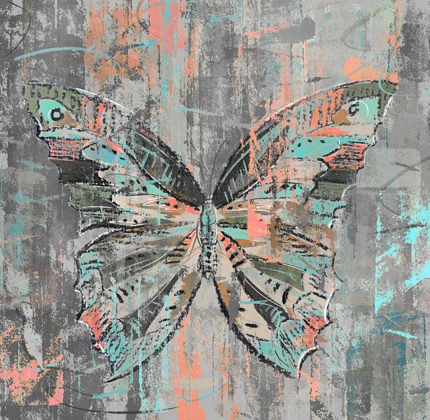 Abstract kunstwerk digitaal geschilderd in grijs turquoise en zalm roze van Emiel de Lange