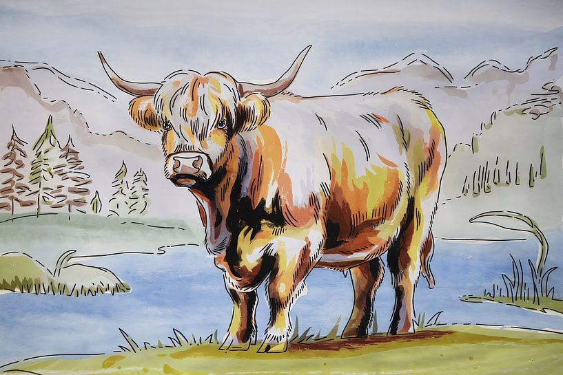 Scottish highlander in watercolour landscape by Imperial Art House