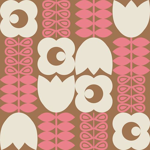 Retro 70s vintage style artwork in white, pink, brown by Dina Dankers