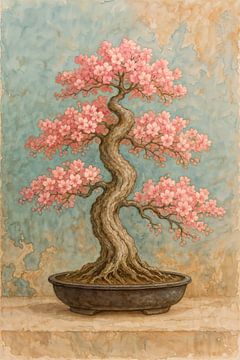 Bloeiende bonsai boom (AI) (roze, bloesem, industrieel, Japan, natuur, aquarel, schilderij, Sakura, Japandi, meditatie, zen, kersenbloesem, Prunus serrulata ) van Natalie Bruns