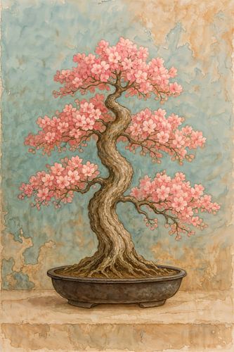 Bloeiende bonsai boom (AI) (roze, bloesem, industrieel, Japan, natuur, aquarel, schilderij, Sakura, Japandi, meditatie, zen, kersenbloesem, Prunus serrulata )