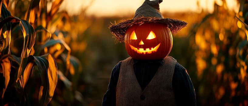 Illuminated pumpkin in the cornfield at dusk by Poster Art Shop
