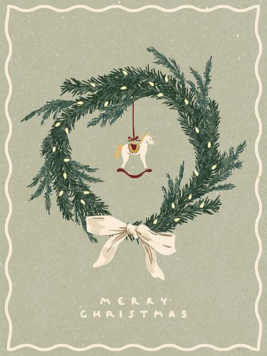 Pferdespielzeug auf Weihnachtskranz mit Schleife