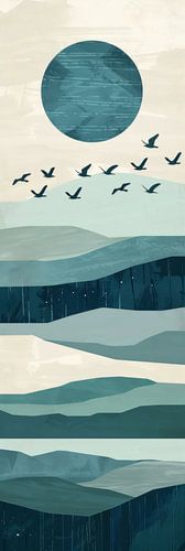 Blauwe zonsopgang met vogels - Minimalistische landschapskunst