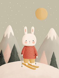Petit lapin à ski – Affiche montagne enneigée pour enfant sur StudioRemier