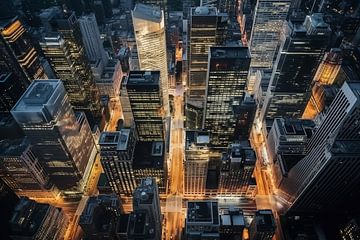 Aerial view from above of a flying drone of a global city with development buildings, by Animaflora PicsStock