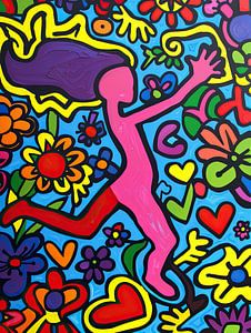 Peinture Pop-Art colorée - Sauter à travers une mer de fleurs