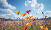 Een bloemenveld met een blauwe lucht op de achtergrond