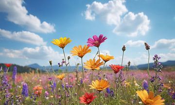 Een bloemenveld met een blauwe lucht op de achtergrond