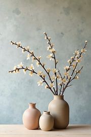 Blossom branches in pottery vases by Kleurenrijk