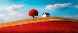 Landschaft mit rotem Baum und Haus von Poster Art Shop