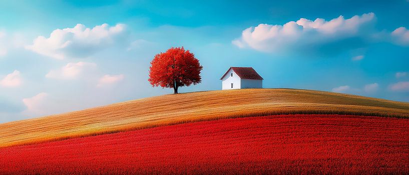 Landscape with red tree and house by Poster Art Shop